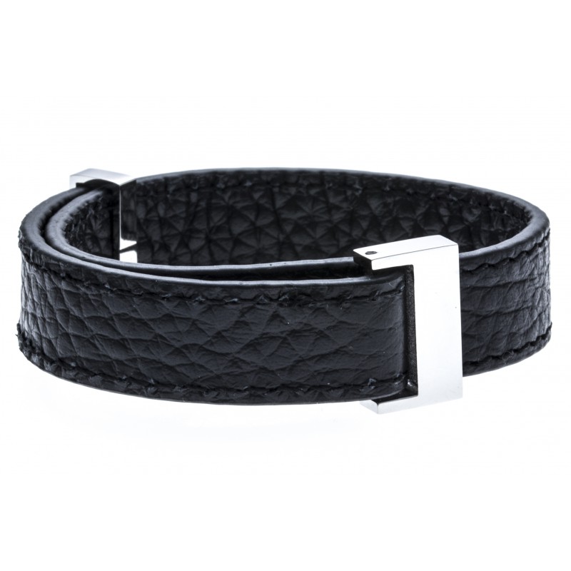 Ref.IC001 bracelet-acier-cuir-noir-largeur-1cm-longueur-22cm
