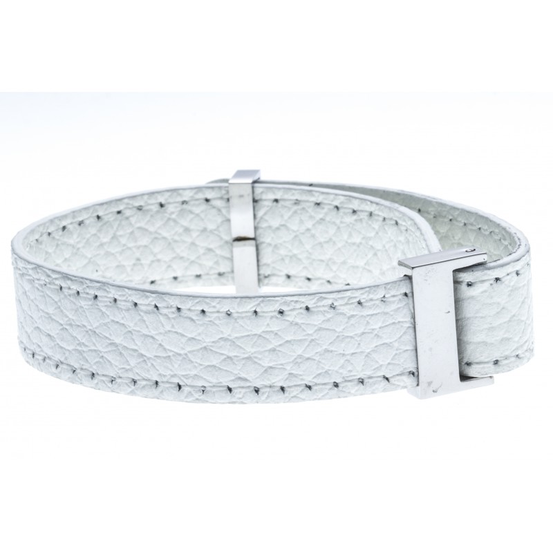 Ref.IC002 bracelet-acier-cuir-blanc-largeur-1cm-longueur-22cm