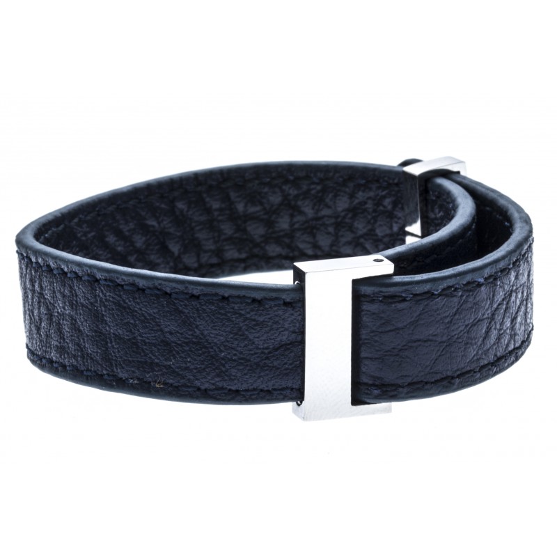 Ref.IC010 bracelet-acier-cuir-bleu-fonce-largeur-1cm-longueur-22cm