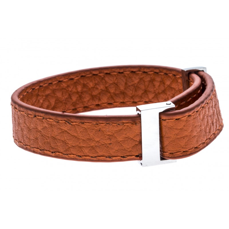 Ref.IC011 bracelet-acier-cuir-orange-largeur-1cm-longueur-22cm