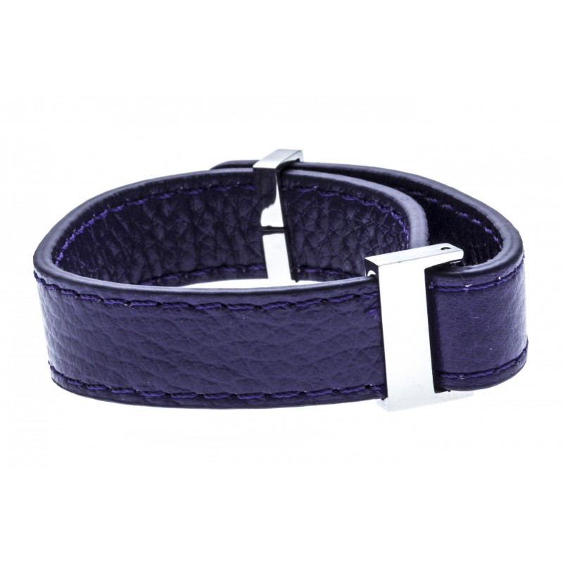 Ref.IC012 bracelet-acier-cuir-violet-largeur-1cm-longueur-22cm